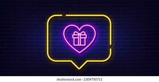 Neon light speech bubble. Love Gift box line icon. Present or Sale sign. Birthday Shopping symbol. Package in Gift Wrap. Neon light background. Romantic gift glow line. Brick wall banner. Vector