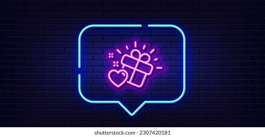 Burbuja de habla de luz neón. Icono de la línea de regalo de amor. Señal de presencia cardíaca. Símbolo de San Valentín. Fondo neón de luz. Línea de brillo de regalo de amor. Banner de pared de ladrillo. Vector