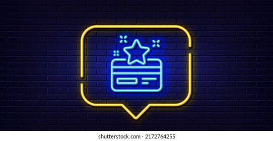 Burbuja de habla de luz neón. Icono de línea de la tarjeta de fidelidad. Puntos de bonificación. símbolo del programa de descuento. Fondo neón de luz. Línea de brillo de tarjeta de fidelidad. Banner de pared de ladrillo. Vector