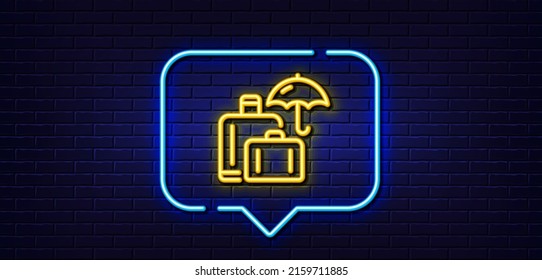 Neon light speech bubble. Luggage insurance line icon. Suitcase bag sign. Baggage protect symbol. Neon light background. Luggage insurance glow line. Brick wall banner. Vector