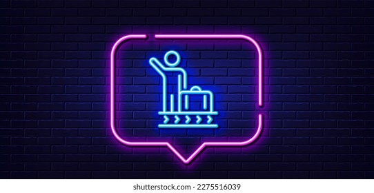 Neon light speech bubble. Luggage belt line icon. Suitcase bag sign. Baggage claim symbol. Neon light background. Luggage belt glow line. Brick wall banner. Vector