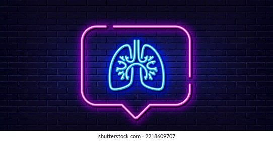 Neon light speech bubble. Lungs line icon. Pneumonia disease sign. Respiratory distress symbol. Neon light background. Lungs glow line. Brick wall banner. Vector