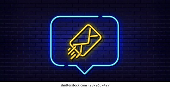 Neon light speech bubble. Mail delivery line icon. Message correspondence sign. E-mail symbol. Neon light background. E-mail glow line. Brick wall banner. Vector