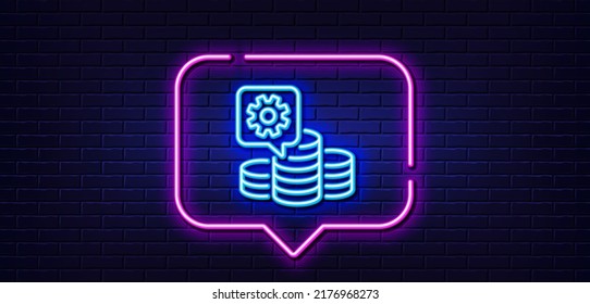 Burbuja de habla de luz neón. Icono de la línea de dinero. Signo de ganancia de presupuesto. Símbolo de trabajo del dinero. Fondo neón de luz. Haciendo que el dinero brille la línea. Banner de pared de ladrillo. Vector