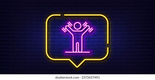 Neon light speech bubble. Man with Dumbbells line icon. Workout equipment sign. Gym fit symbol. Neon light background. Dumbbells workout glow line. Brick wall banner. Vector