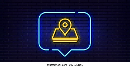 Neon light speech bubble. Map pin line icon. Trip point sign. Journey location pointer symbol. Neon light background. Pin glow line. Brick wall banner. Vector