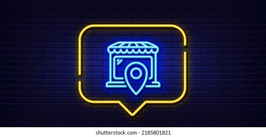 Neon light speech bubble. Market location line icon. Wholesale store sign. Retail marketplace symbol. Neon light background. Market location glow line. Brick wall banner. Vector