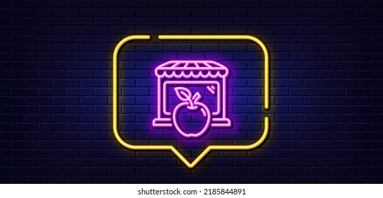 Burbuja de habla de luz neón. Mercado con icono de línea de manzana. Cartel de la tienda mayorista. Símbolo del mercado minorista. Fondo neón de luz. Línea de brillo del mercado. Banner de pared de ladrillo. Vector