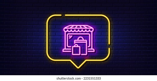 Burbuja de habla de luz neón. Icono de línea de mercado. Señal de bolsas de compras. Símbolo del mercado minorista. Fondo neón de luz. Línea de brillo del mercado. Banner de pared de ladrillo. Vector
