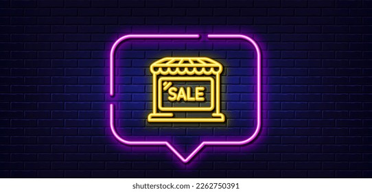 Burbuja de habla de luz neón. Icono de línea de venta de mercado. Cartel de la tienda mayorista. Símbolo de descuentos de Marketplace. Fondo neón de luz. Línea de brillo de venta de mercado. Banner de pared de ladrillo. Vector