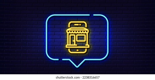 Neon light speech bubble. Marketplace app line icon. Online store sign. Retail phone application symbol. Neon light background. Marketplace glow line. Brick wall banner. Vector