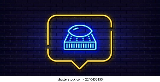 Neon light speech bubble. Mattress with pillow line icon. Orthopedic pad sign. Breathable sleep bed symbol. Neon light background. Mattress glow line. Brick wall banner. Vector