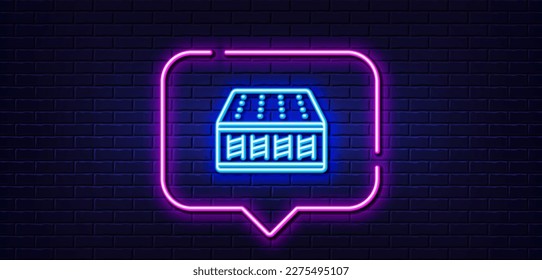 Neon light speech bubble. Mattress pocket spring line icon. Orthopedic sprung pad sign. Breathable sleep bed symbol. Neon light background. Mattress glow line. Brick wall banner. Vector