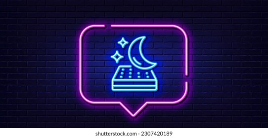 Neon light speech bubble. Mattress line icon. Night sleep bed rest sign. Moon symbol. Neon light background. Mattress glow line. Brick wall banner. Vector