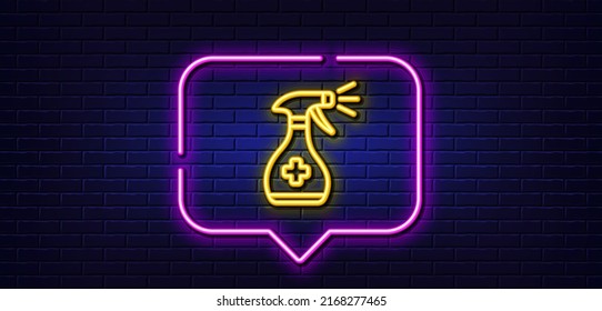 Neon Light Speech Bubble. Medical Cleaning Line Icon. Antiseptic Spray Sign. Washing Symbol. Neon Light Background. Medical Cleaning Glow Line. Brick Wall Banner. Vector