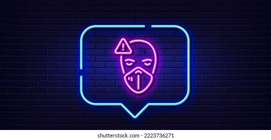 Neon Light-Sprechblase. Symbol für medizinische Maske Schild zur Atemschutzmaske. Symbol für den Gesichtsschutz von Coronavirus. Neoner heller Hintergrund. Lichtlinie der medizinischen Maske. Brick-Wand-Banner. Vektorgrafik