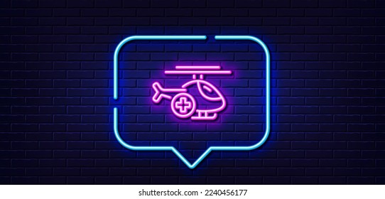 Neon light speech bubble. Medical helicopter line icon. Emergency sky transport sign. Neon light background. Medical helicopter glow line. Brick wall banner. Vector