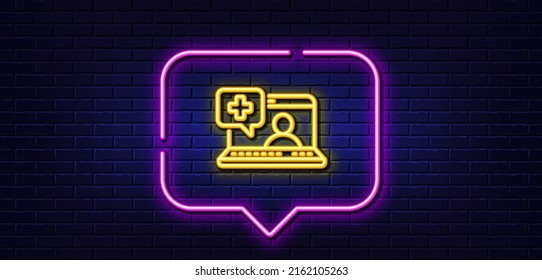 Burbuja de habla de luz neón. Icono de la línea de la laptop de medicina. Firma de ayuda médica en línea. Fondo neón de luz. La ayuda médica brillará. Banner de pared de ladrillo. Vector