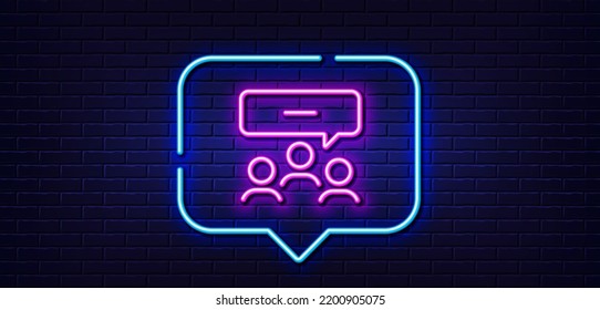 Neon light speech bubble. Meeting line icon. Discussion or consultation sign. People communication management symbol. Neon light background. Meeting glow line. Brick wall banner. Vector