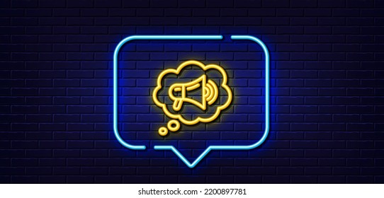 Neon light speech bubble. Megaphone line icon. Advertisement device symbol. Brand ambassador speech bubble sign. Neon light background. Megaphone glow line. Brick wall banner. Vector