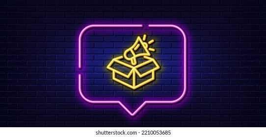 Neon light speech bubble. Megaphone box line icon. Advertisement device symbol. Brand ambassador sign. Neon light background. Megaphone box glow line. Brick wall banner. Vector