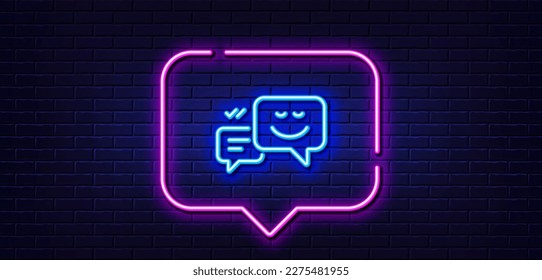 Neon light speech bubble. Message speech bubbles with Smile line icon. Chat emotion sign. Neon light background. Happy emotion glow line. Brick wall banner. Vector