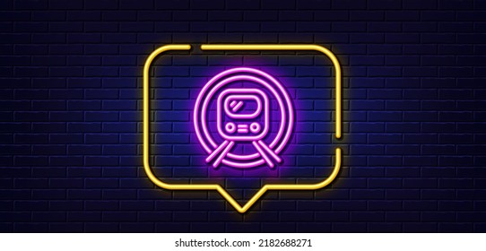 Neon light speech bubble. Metro subway transport line icon. Public underground transportation sign. Neon light background. Metro subway glow line. Brick wall banner. Vector