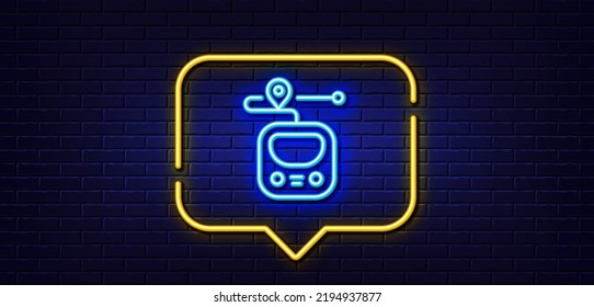 Neon light speech bubble. Metro line icon. Subway journey path sign. Underground train location symbol. Neon light background. Metro glow line. Brick wall banner. Vector