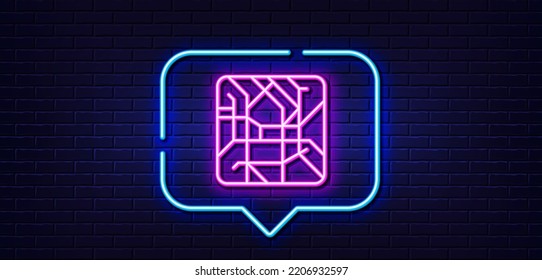 Neon light speech bubble. Metro map line icon. Underground subway sign. Transit topological map symbol. Neon light background. Metro map glow line. Brick wall banner. Vector