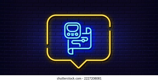 Neon light speech bubble. Metro map line icon. Underground subway sign. Train transit location symbol. Neon light background. Metro map glow line. Brick wall banner. Vector