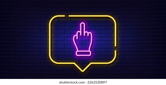Burbuja de habla de luz neón. Icono de la línea de la mano del dedo central. Símbolo de gesto de palma. Fondo neón de luz. Línea de brillo del dedo medio. Banner de pared de ladrillo. Vector