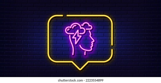 Neon light speech bubble. Mindfulness line icon. Psychology sign. Cloud storm symbol. Neon light background. Mindfulness stress glow line. Brick wall banner. Vector