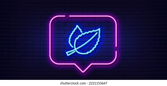 Neon light speech bubble. Mint leaves line icon. Herbal leaf sign. Tea with Mentha symbol. Neon light background. Mint leaves glow line. Brick wall banner. Vector