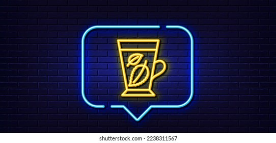Neon Light-Sprechblase. Das Symbol der Minze Tea-Linie. Frisches Kräutergetränk-Schild. Mentha hinterlässt das Symbol. Neoner heller Hintergrund. Minze verlässt glühende Linie. Brick-Wand-Banner. Vektorgrafik