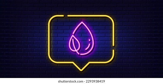 Neon light speech bubble. Mint leaf with water drop line icon. Nature plant dew sign. Environmental care symbol. Neon light background. Leaf dew glow line. Brick wall banner. Vector