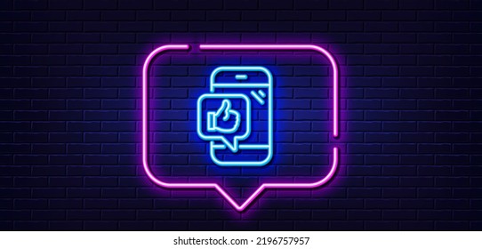 Neon Light-Sprechblase. Handy-ähnliche Linie-Symbol. Dreh das Schild hoch. Positives Feedback-Symbol. Neoner heller Hintergrund. Mobil wie glatte Linie. Brick-Wand-Banner. Vektorgrafik