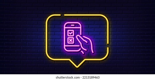 Neon light speech bubble. Mobile survey line icon. Select answer sign. Business interview symbol. Neon light background. Mobile survey glow line. Brick wall banner. Vector