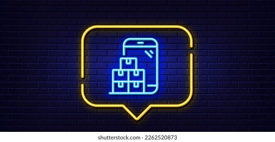 Neon light speech bubble. Mobile inventory line icon. Wholesale app sign. Warehouse boxes symbol. Neon light background. Mobile inventory glow line. Brick wall banner. Vector
