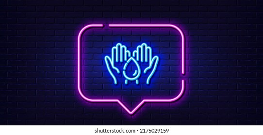 Neon light speech bubble. Moisturizing oil line icon. Skin care sign. Wash hands symbol. Neon light background. Wash hands glow line. Brick wall banner. Vector