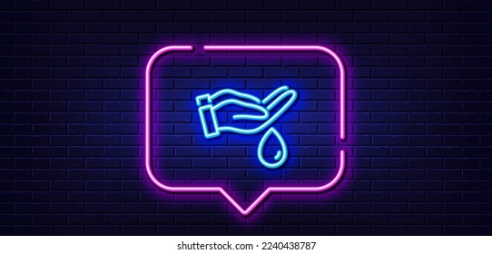 Neon light speech bubble. Moisturizing oil line icon. Wash hands symbol. Skin care sign. Neon light background. Wash hands glow line. Brick wall banner. Vector