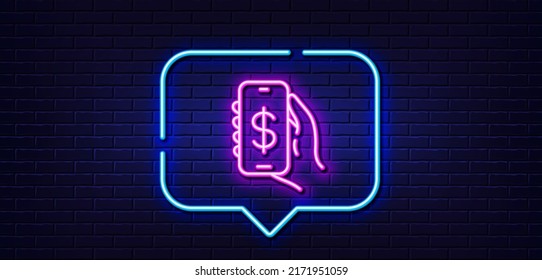 Burbuja de habla de luz neón. Icono de línea de aplicación de dinero. Mano con la señal de teléfono. Teléfono móvil con símbolo de notificación de pantalla. Fondo neón de luz. Línea de brillo de aplicación de dinero. Banner de pared de ladrillo. Vector