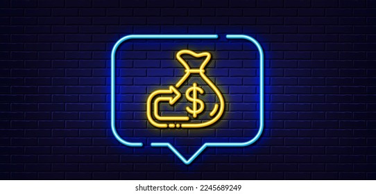 Burbuja de habla de luz neón. Icono de la línea de devolución de dinero. Signo de objetivo financiero. Símbolo del presupuesto de inversión. Fondo neón de luz. Línea de resplandor del respaldo del techo. Banner de pared de ladrillo. Vector