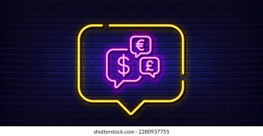 Burbuja de habla de luz neón. Icono de línea de moneda de dinero. Signo de la caja de cambios. Símbolo del comercio de valores. Fondo neón de luz. Línea de brillo de moneda monetaria. Banner de pared de ladrillo. Vector