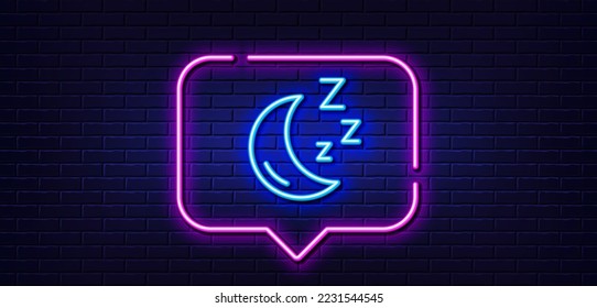 Neon light speech bubble. Moon line icon. Sleep zzz sign. Night lunar symbol. Neon light background. Moon glow line. Brick wall banner. Vector