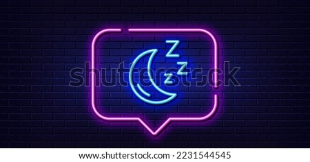 Neon light speech bubble. Moon line icon. Sleep zzz sign. Night lunar symbol. Neon light background. Moon glow line. Brick wall banner. Vector