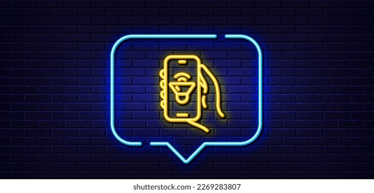 Burbuja de habla de luz neón. Icono de línea de aplicación de música. Mano con la señal de teléfono. Teléfono móvil con símbolo de notificación de pantalla. Fondo neón de luz. Línea de brillo de aplicación musical. Banner de pared de ladrillo. Vector