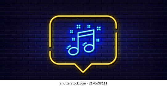 Neon light speech bubble. Musical note line icon. Music sign. Neon light background. Musical note glow line. Brick wall banner. Vector