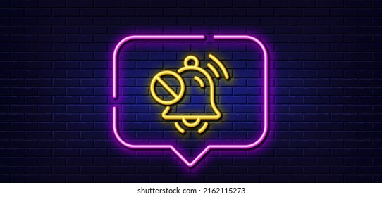 Burbuja de habla de luz neón. Silenciar el icono de la línea de sonido. Señal de timbre de silencio. Desactivar símbolo de música. Fondo neón de luz. Silenciar la línea de brillo del sonido. Banner de pared de ladrillo. Vector