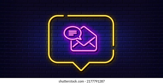 Neon light speech bubble. New Mail line icon. Message correspondence sign. E-mail symbol. Neon light background. New Mail glow line. Brick wall banner. Vector