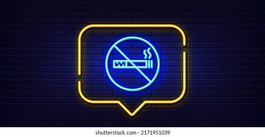 Neon light speech bubble. No smoking line icon. Stop smoke sign. Hotel service symbol. Neon light background. No smoking glow line. Brick wall banner. Vector